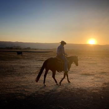 A rancher with a cowboy hat riding a brown horse across an empty field, with the sunsetting over mountains in the distance behind them
