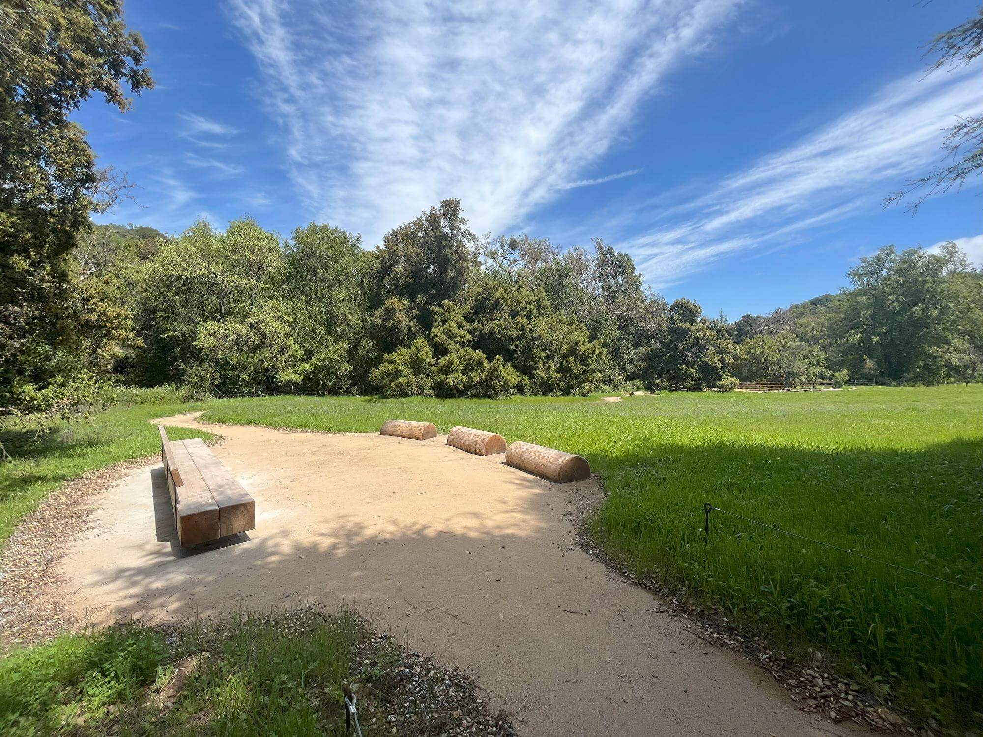 A dirt trail with a seating area consisting of wooden tree logs and a rustic wooden bench, surrounded by a green meadow fringed with large leafy trees under a blue sky with white streaky clouds