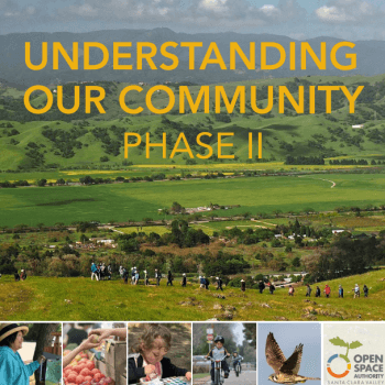 Report cover with yellow text that says "Understanding Our Community: Phase II" over an image of a beautiful green landscape with hikers walking along a ridge and a college below of people and animals