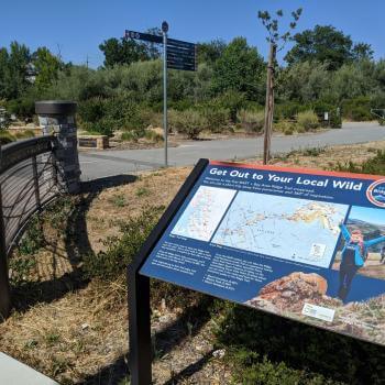 A large educational panel with the title "Get out to your local wild" above a map of the Bay Area, next to a paved trail and wayfinding signage