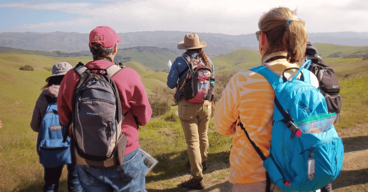 Hikers follow a docent on a hike through green hills with scenic views