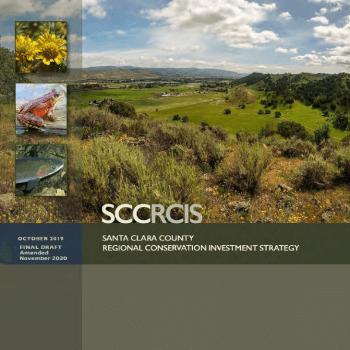 A report cover with a photo of a green valley landscape, three vertical photos showing flowers, a frog, and a trout, and the title SCCRCIS