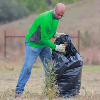A land steward holds a trash bag while collecting invasive plants in a field