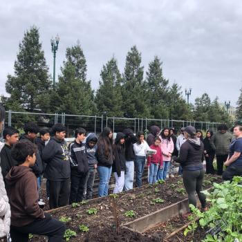 A group of about 30 students stands next to a low garden bed facing an instructor on the other side of the bed, under a cloudy sky