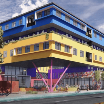 An architectural rendering of a colorful pink, purple, yellow, and blue building on a street lined with shady trees, where people walk and ride their bikes