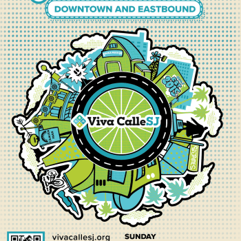 Event poster with the title "Viva CalleSJ" and a large blue and green stylized logo with houses, trees, and bikes