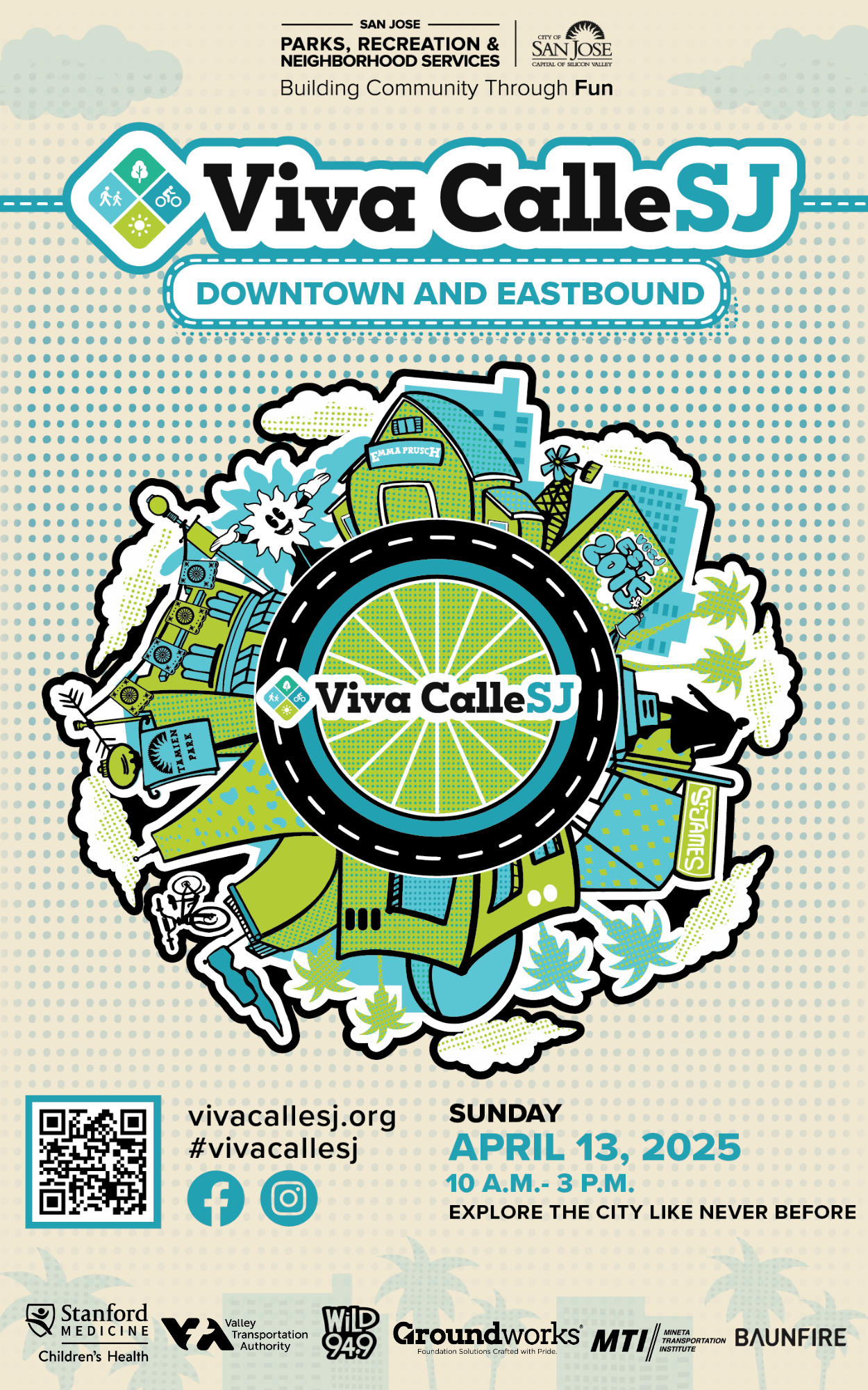 Event poster with the title "Viva CalleSJ" and a large blue and green stylized logo with houses, trees, and bikes