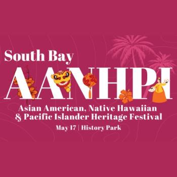 A dark pink graphic with the words "South Bay AANHPI Asian American, Native Hawaiian and Pacific Islander Heritage Festival" with illustrations of a dragon, flowers, and palm trees