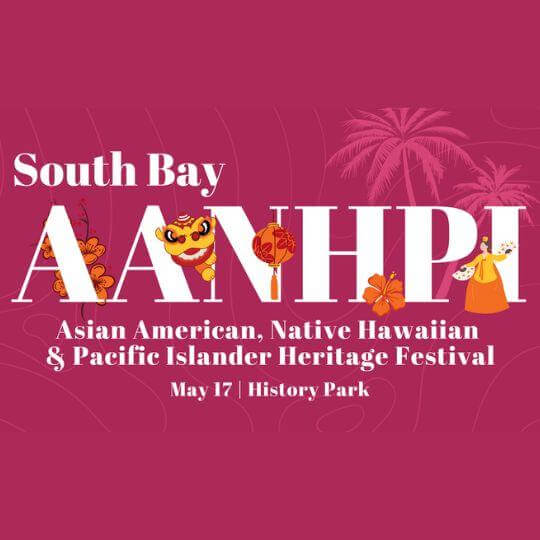 A dark pink graphic with the words "South Bay AANHPI Asian American, Native Hawaiian and Pacific Islander Heritage Festival" with illustrations of a dragon, flowers, and palm trees