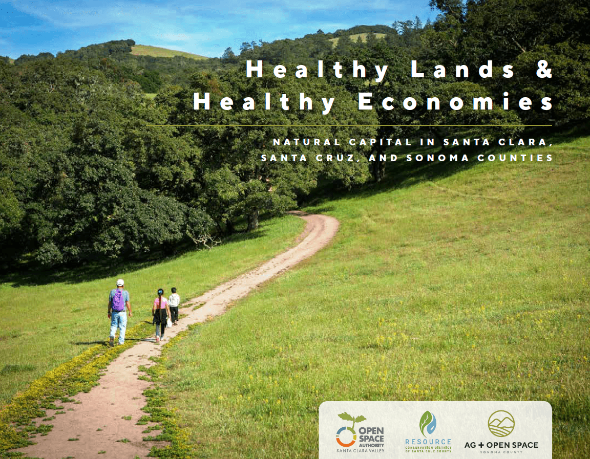 One adult and two children walking down a dirt trail on a green sloping hill towards a wooded area, under white text "Healthy Lands & Healthy Economies"