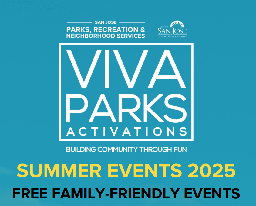 Teal graphic with the words: Viva Parks Activations Summer Events 2025 Free Family-Friendly Events