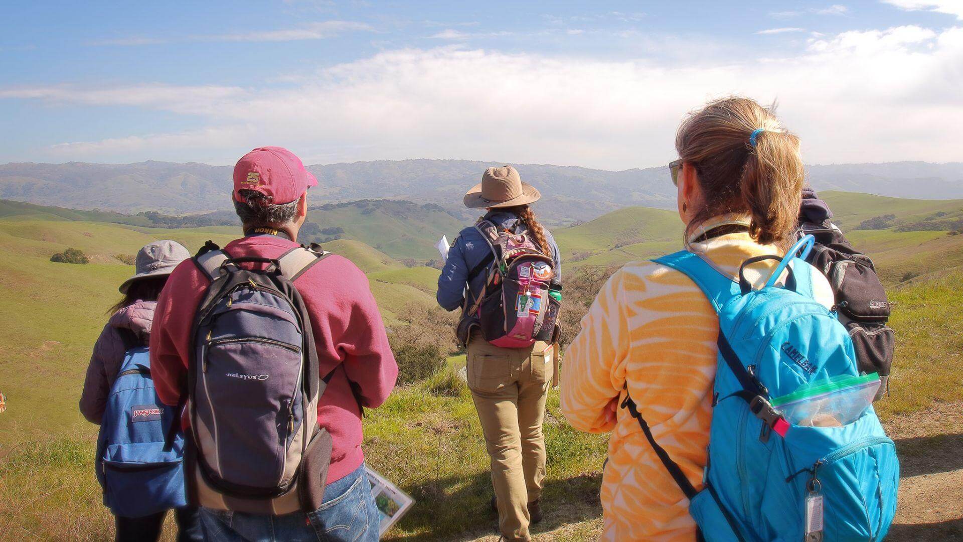 16:9 A photo taken from behind of four hikers following a guide wearing a hat