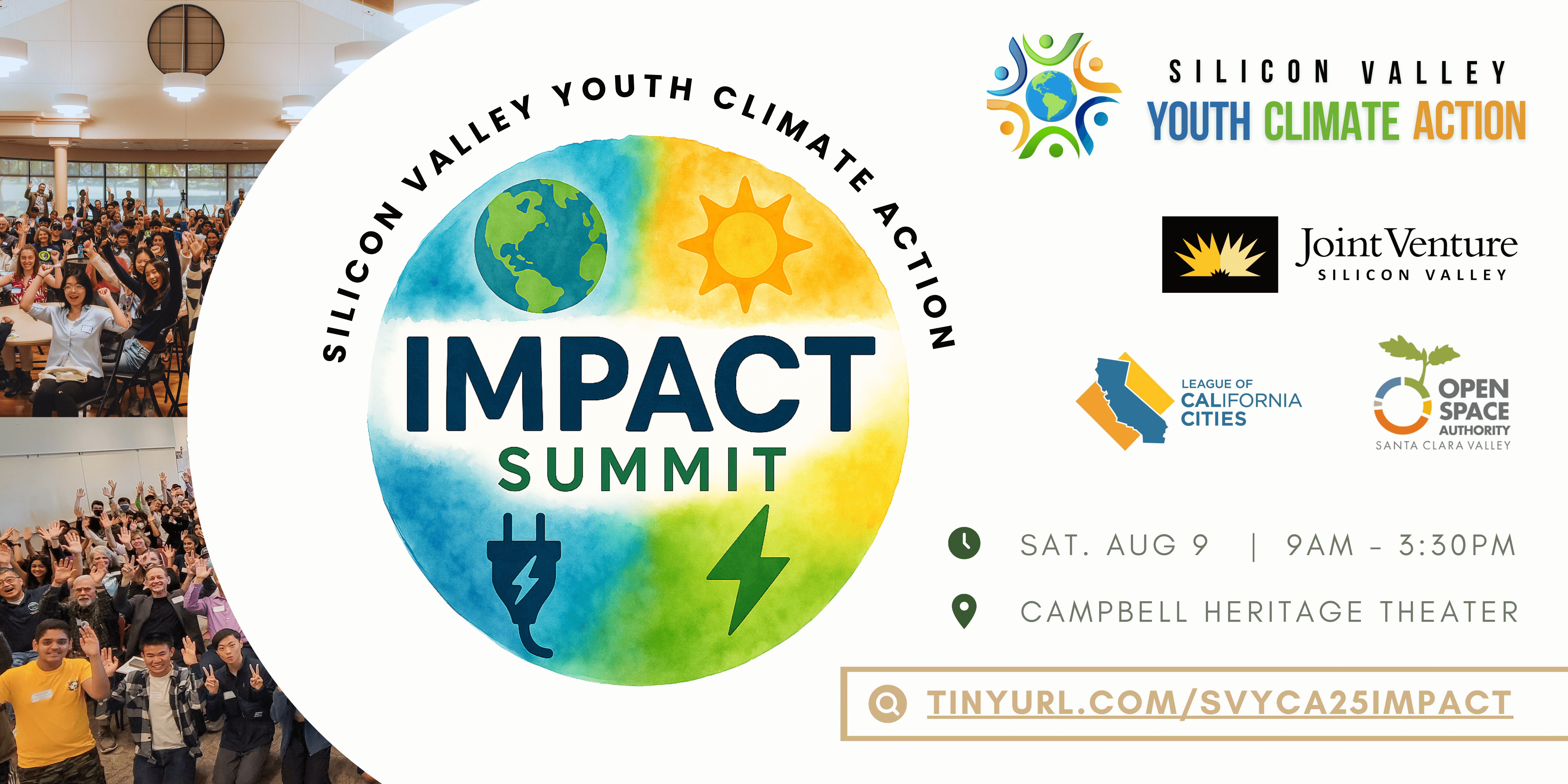 Photograph of a vibrant, colorful poster for the Silicon Valley Youth Climate Action Summit. It features a circular logo with the words "IMPACT SUMMIT" and images of the Earth, sun, and electrical plug.