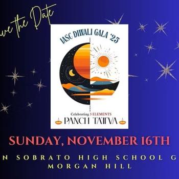 Graphic with a blue gradient background, featuring a split image of a sun and moon over mountains, text "Save the Date" in gold cursive, "IASC DIWALI GALA '25" and "Sunday, November 16th" in red and gold, event location in gold.