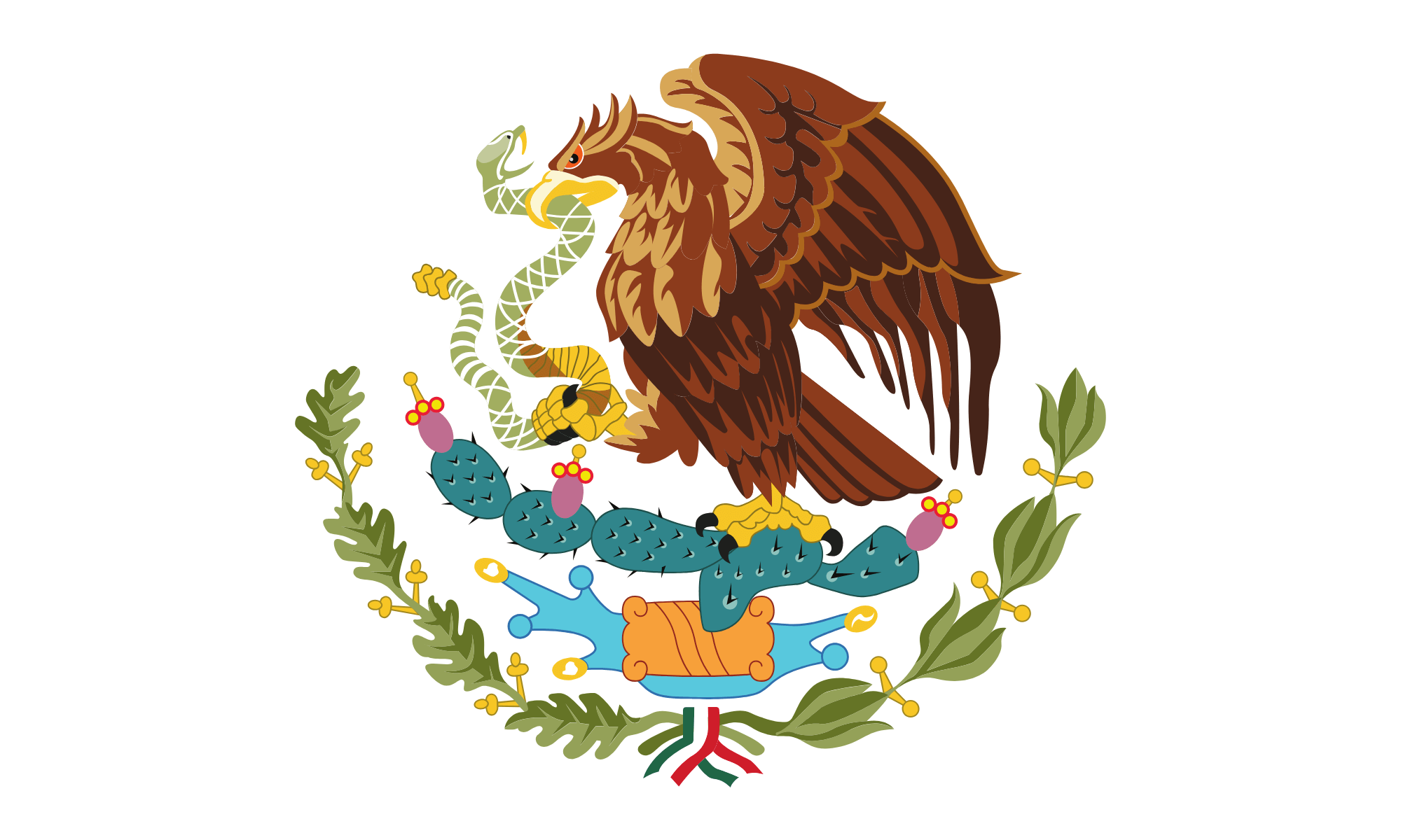 A graphic of Mexico's coat of arms featuring a golden eagle, rattlesnake and nopal.