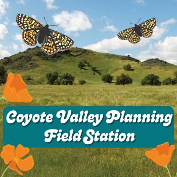 Text reading "Coyote Valley Planning Field Station" over a photo of green grassy field and hillsides
