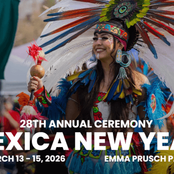 A female dancer in traditional, colorful Aztec clothing, with the words Mexica New Year in white below her