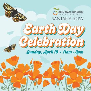 Light blue event graphic with orange poppies and butterflies and text "Earth Day Celebration"