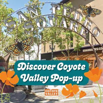 White text reading "Discovery Coyote Valley Pop-up" over photo of San Pedro Square archway in downtown San Jose