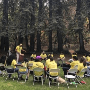 A group of people sit in a circle of chairs on grass, surrounded by redwood trees.