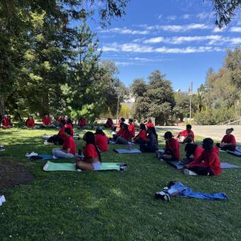 A group of people wearing red t-shirts sitting on yoga mats in a shady grass area under trees