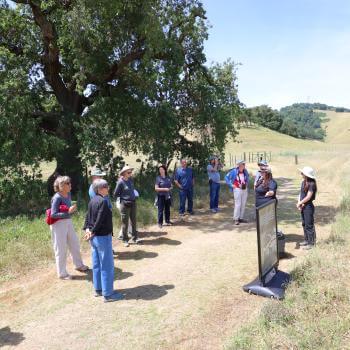 A group of people gather in a circle on a nature trail to look at a mock up of the future interpretive signage that will be on display in this location.
