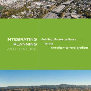 Green field with white text "Integrating Planning with Nature: Building climate resilience across the urban-to-rural gradient" over photos of urban landscape and valley landscape