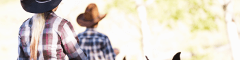 Two horseback riders wearing plaid shirts and cowboy hats riding away from the camera on dark brown horses.