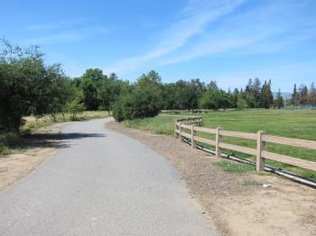A paved asphalt trail next to a wooden split-rail fence on one side, on the other side of the fence is a green field, on the horizon are dark green trees under a blue sky