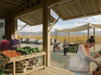 A design mock up shows a shaded farm stand structure where visitors are picking out fresh produce and learning about local agriculture