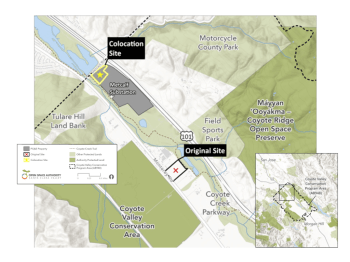 A map of Coyote Valley shows the colocation of a power station on an existing PG&E substation property versus its original proposed location on open space land in Coyote Valley.