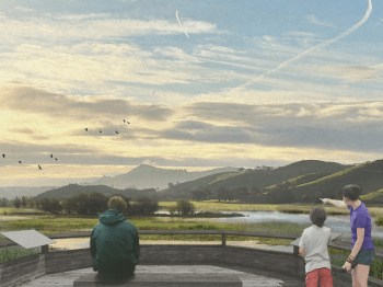 A design mock up shows the concept of an overlook at Laguna Seca with people admiring the views, interpretive signage and a restored wetland.