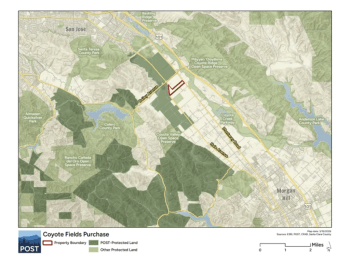 This map shows an aerial view of Coyote Valley. The area lined in red indicates the recently purchased Coyote Fields property.