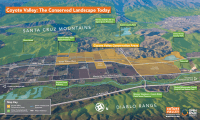 Aerial photo of Coyote Valley landscape with elements and locations highlighted with text and colored overlays