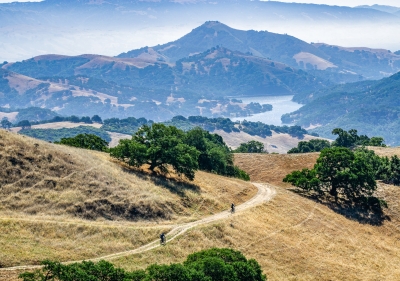 Two mountain bikers on trail winding around golden hills covered with green trees extending into the hazy distance under a blue sky