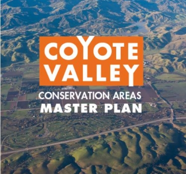 Coyote Valley Conservation Areas Master Plan logotype over aerial photo of Coyote Valley