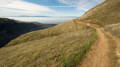 Dirt trail winding through green and brown hills with San Jose in the distance below