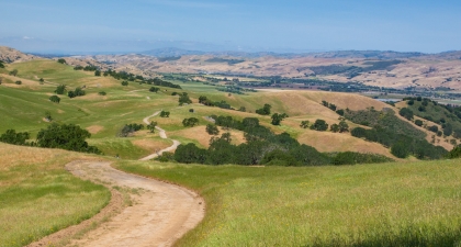 Dirt road leading through the green rolling hills of Tilton Ranch with view of Coyote Valley in the distance