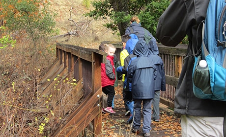 Children and adults in rain jackets walking across bridge at open space preserve