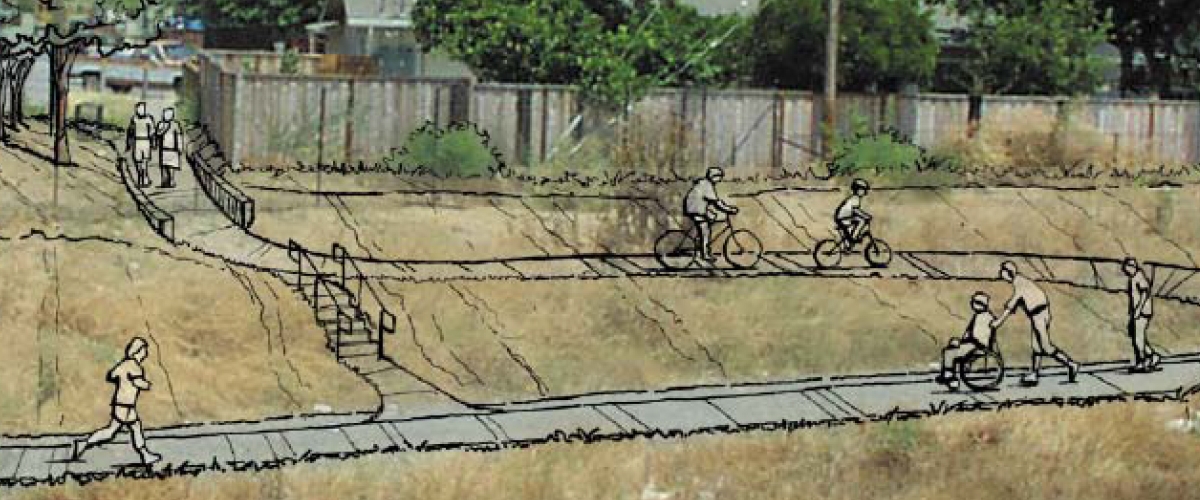 Rendering of Lower Silver Creek Trail with drawings of the trail, stairway, and trail users superimposed over photo of hillside with houses and fences in background