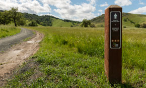 Trail marker in green grass for Arrowhead Loop Trail, trail going into distance with green hills in background