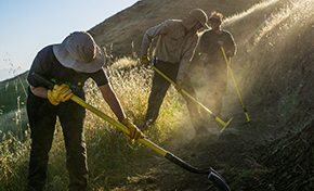 Three people with yellow gloves and rakes working on a dusty trail on a golden hill